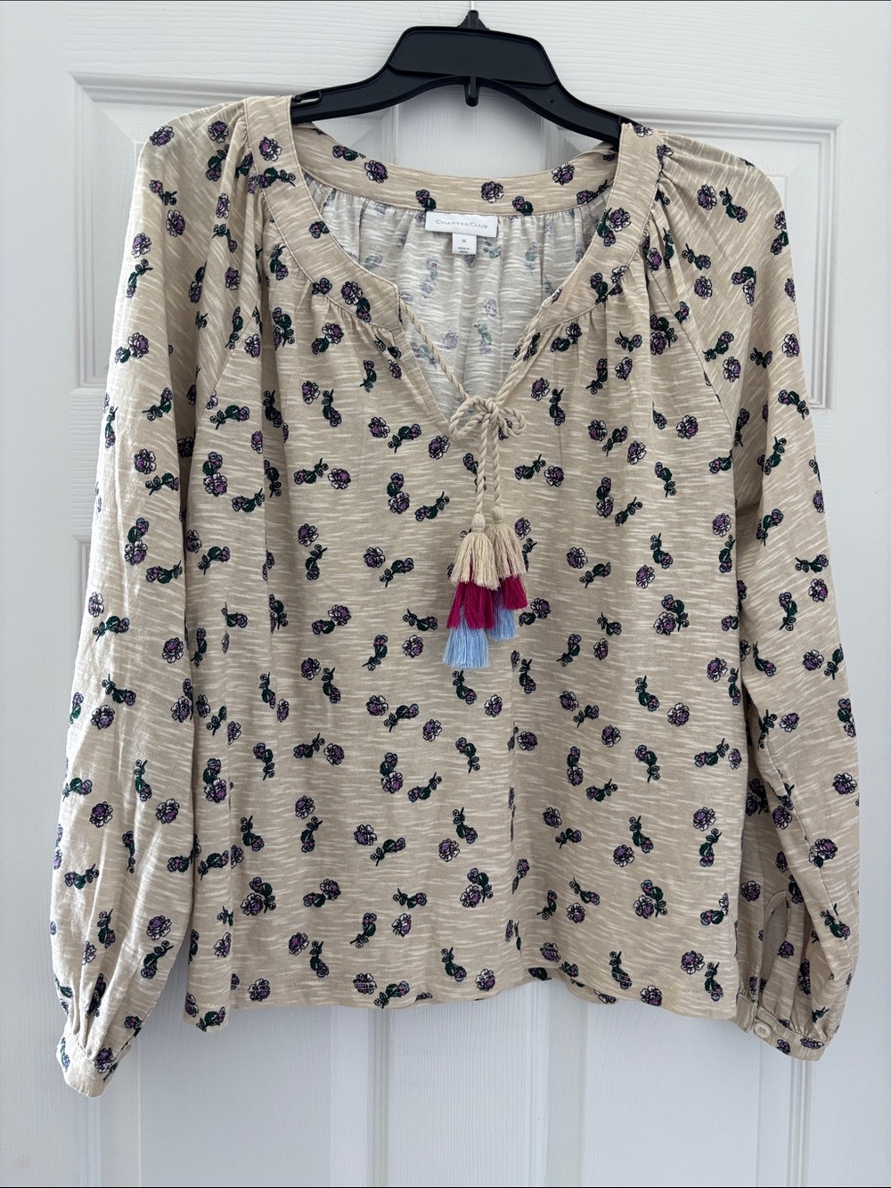Charter Club Beige Floral Tassel Peasant Blouse